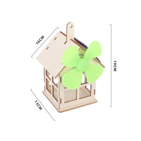 Natural Wood Solar Powered Wooden House Model Green Fan Wooden Model House Kit Pitched Roof Learning Toy Accessible Window Cutouts