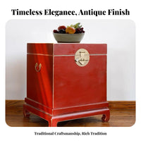 Chinese design Clasp Trunk Antique Look Side Table with Storage Distressed Finish Hidden Compartment for Renters, Adults, Study