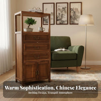 Modern Oriental Design Stepped Curio Cabinet Vintage Aesthetic Sideboard Staggered Shelving Storage Furniture Open and Closed Compartments for Tea Lovers, Art Collectors, Homeowners, Living Room, Entrance Hall, Bedroom, Office