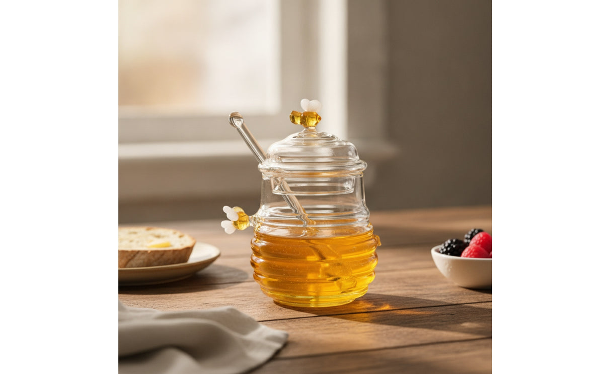 Wide Mouth Honey Jar with Dipper Ribbed Honey Jar with Lid Clear Glassware Transparent for Tea Station, Breakfast Table