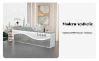 Luminous Curved Reception Desk High-Gloss Finish LED Cashier Counter Wide Countertop LED Reception Desk for Shopkeepers, Cafe, Company Entrance, Lobby