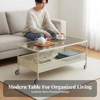2-Tier Glass Top Tea Table With casters Mobile Storage Space-Saving for Renters
