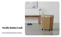 Wheeled Laundry Cart with Lid Faux Rattan Design Rolling Laundry Cart for Adults