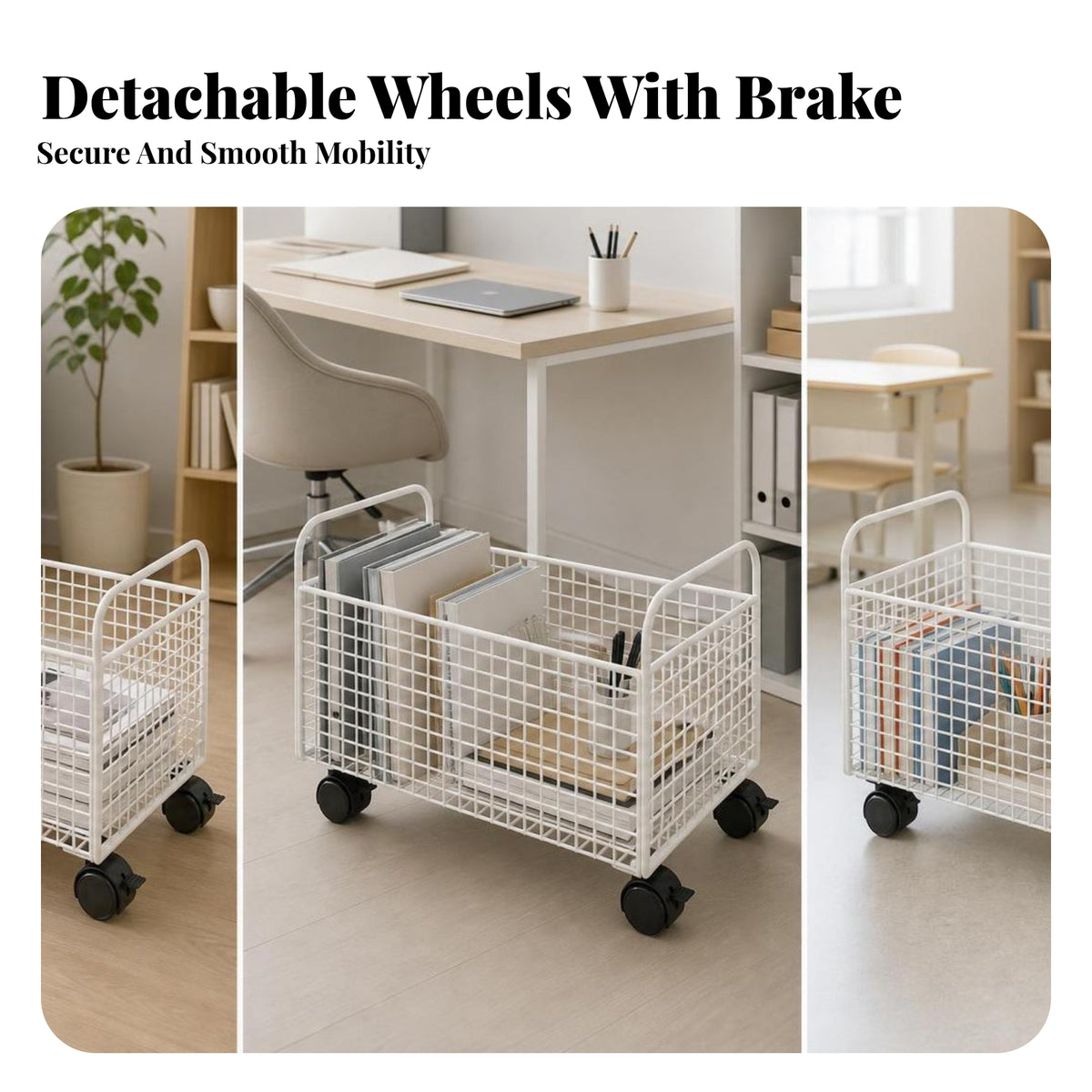 Large-Capacity Rolling Wire Storage Cart Rectangular Wire Basket Cart Removable Wheels for Desk