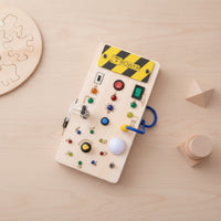 Wooden Busy Board with LED Lights Hands-on Wooden Busy Board Sensory for Young Children, Preschoolers, Travel, Home, Preschool