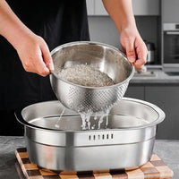 Rice Washer and Strainer Bowl Set, Stainless Steel Deepened Washing Basin with Flat Bottom, Oval Mixing Bowl for Pasta Spaghetti, 2 Pack Units