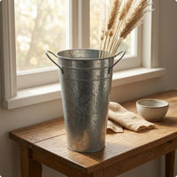 Distressed Tin Vase Vintage Style Galvanized Flower Vessel Side Handles