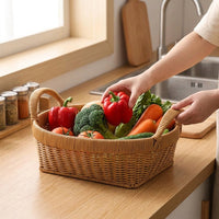 Oval storage basket, rattan look plastic basket with handles, medium fruit basket for kitchen & office, snack basket