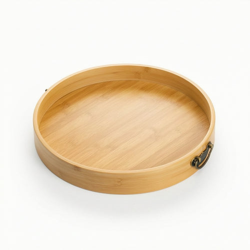 Bamboo round Tray with Handles Round Bamboo Serving Tray Shallow for Homeowners