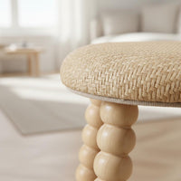 Woven Stool Rounded Design Round Wooden Stool Decorative Accent Wooden Vanity Seat for Bedroom, Entryway