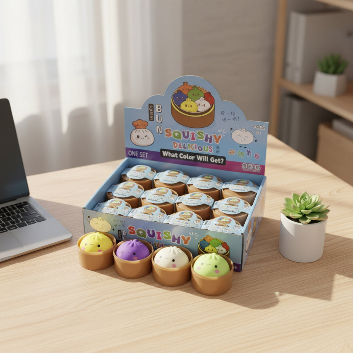 12 Pieces Cute Bao Bun Squishy Squeezable Squishy with Mini Steamer Basket Soft Bun Compress Toy Kawaii for Desk, Office