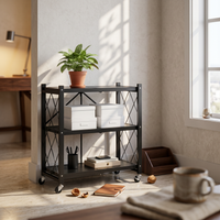 Three-Tier Storage Rack No-Installation Foldable Storage Rack Swivel Casters Foldable Metal Shelf