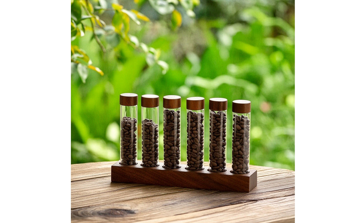 Single-Dose Coffee Bean Display Rack Wooden Coffee Bean Cellar with Wood Base Airtight Glass Tube Holder Countertop for Baristas, Espresso Station