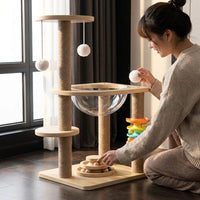 Space Capsule Cat Bed Wood Climbing Frame with Turntable Toy, Multi Level Activity Center for Adult Indoor Cats, Kittens Pets Density Board