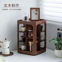 Walnut Rotating Four-Tier Desk Organizer for Cups and Saucers