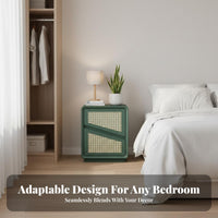 Rattan Nightstand with 2 Drawers Slim Profile Bedroom Furniture Rounded Corners