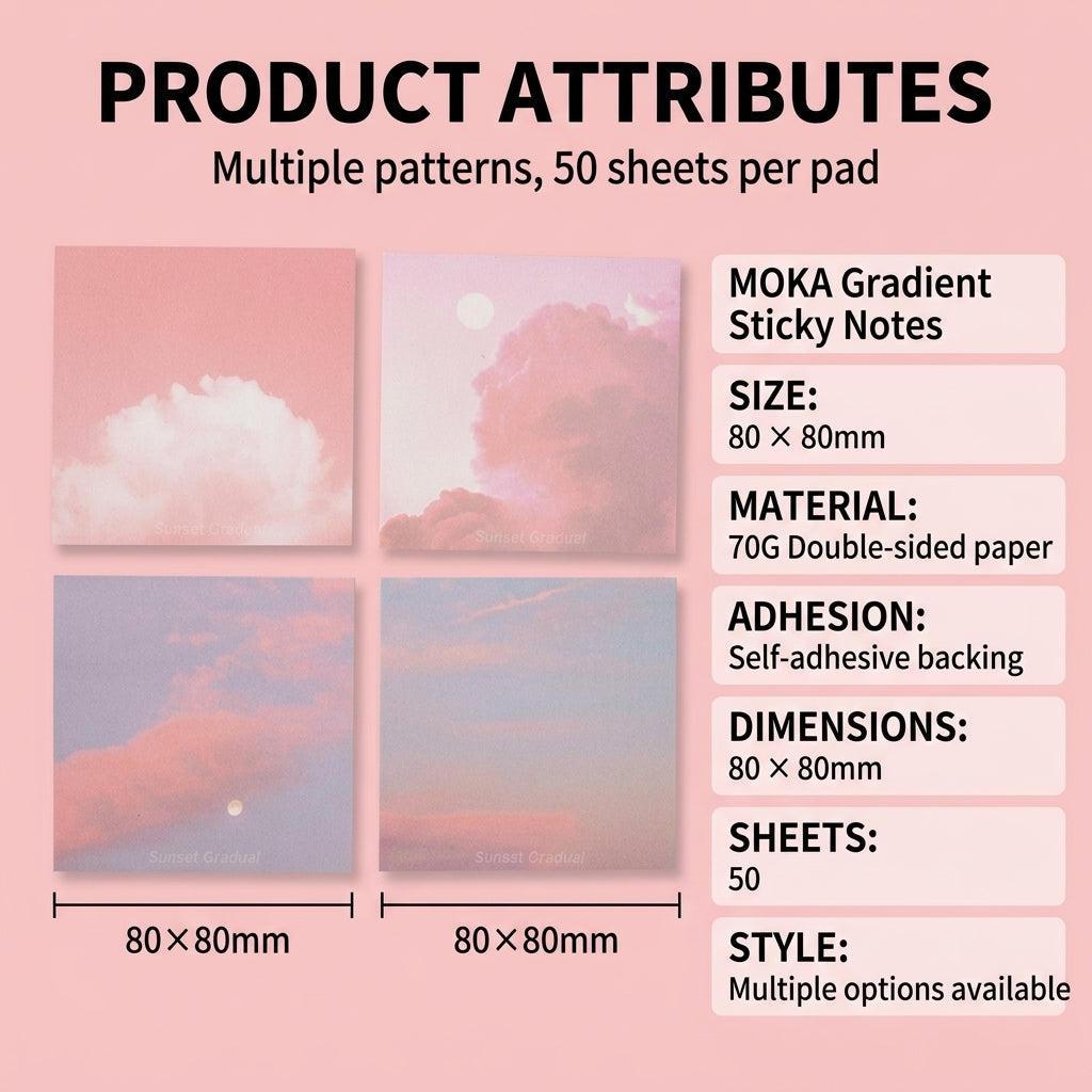 Gradient Sticky Notes for Students Office, Postits for Planners Note Taking, Self Tearable Pads for Message Leaving, 50 Hued Landscape Scenery