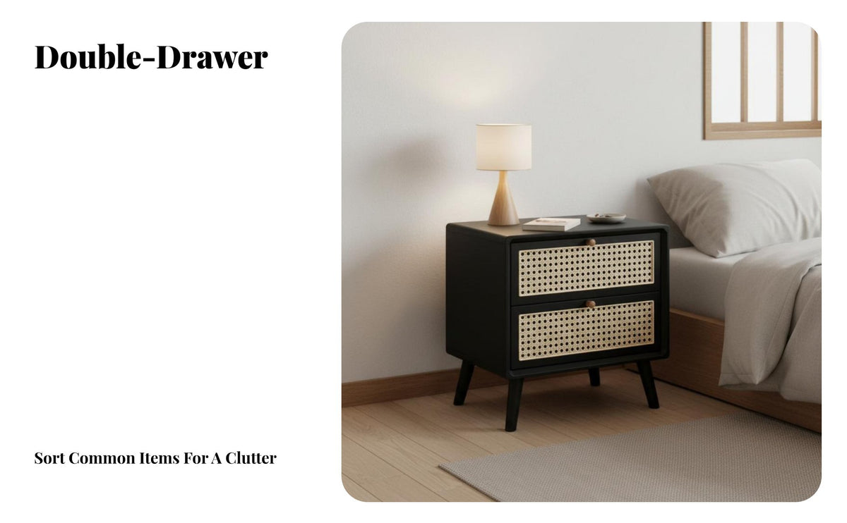 Bedside Cabinet with Rattan Drawer Japanese design End Table Woven Front