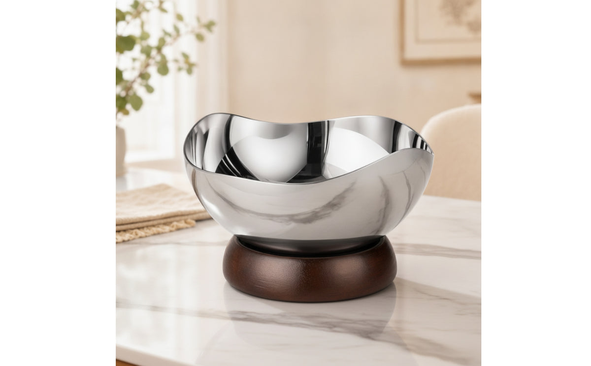 Modern Serving Bowl with Wooden Base Food-Safe Wavy Stainless Steel Bowl Rustproof Contemporary for Coffee Tables