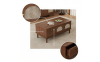 Walnut-Tone Coffee Table with Cabinet Woven Rattan-Style Coffee Table with Drawers Tapered Legs Furniture Retro for Living Room, Apartment, Lounge