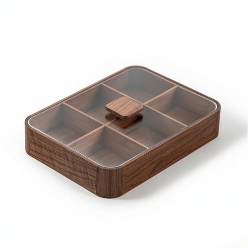 Wooden Snack Box with Glass Lid Multi-Compartment Divided Snack Box Clear Serving Tray with Glass Lid for Tea Table