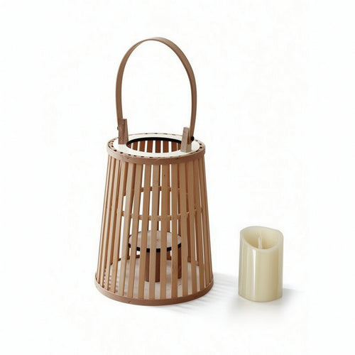Lantern with Electronic Candle Slatted Bamboo Lantern Textured for Entryway