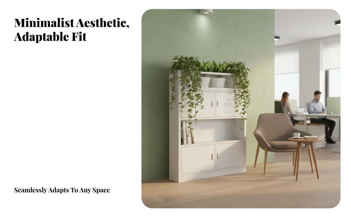 Multifunctional Design Away Ice Divider with Planter Large Capacity Away Ice Cabinet with Doors and Shelves Long-Lasting Storage Furniture Silent Hinges for Professionals, Business Owners, Homeowners, Workspace, Study Room, Library, Balcony