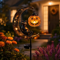 Solar Black Cat & Pumpkin Moon Stake Light