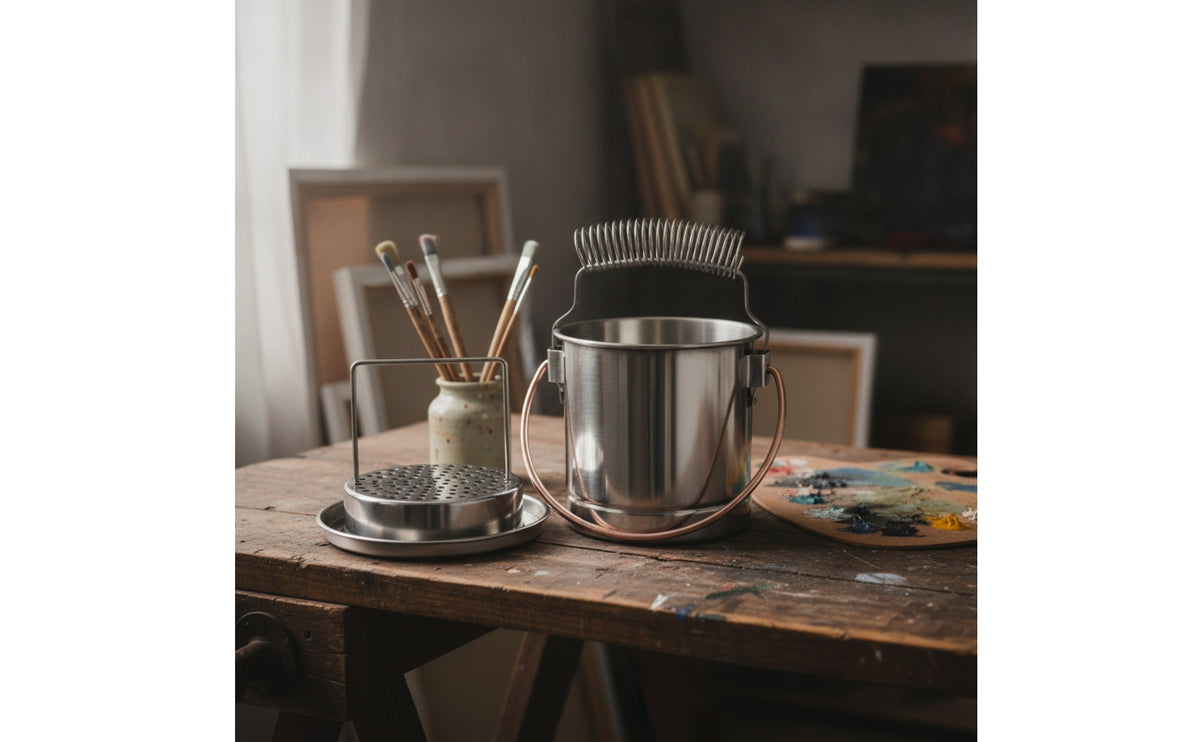 Stainless Steel Brush Washer with Holder Metal Brush-Washing Canister Cylindrical Container Sturdy for Hobbyists