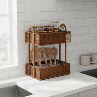 Rattan Basket Shelf Waterproof 2 Tier Washroom Storage Basket Easy to Clean Storage Rack for Kitchen