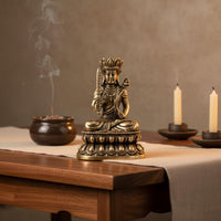 Brass Ākāśagarbha Bodhisattva Statue Collectible Akasagarbha Bodhisattva Figurine Seated Religious Sculpture Handmade for Altar