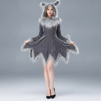 Wolf Costume with Hood Asymmetrical Wolf Dress with Hood Long Sleeves Outfit  for Women