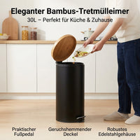 Round Trash Can Kitchen 30L, Step Trash Can with Wooden Lid, Odor-Sealed Trash Bin for Household