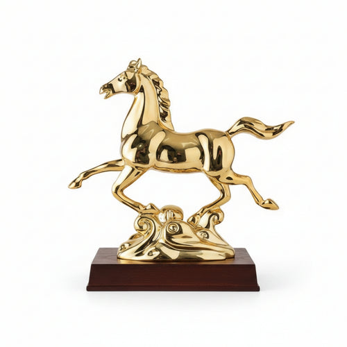 Horse Statue with Wooden Base Designed Running Horse Ornament Carved Sculpture for Housewarming