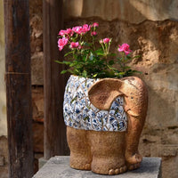 Hand Painted Elephant Planter Floral Pattern Decorative Elephant Planter Stone Like Finish House Decoration