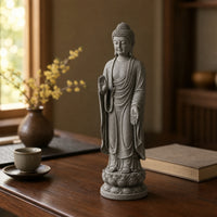 Antique-Style Standing Buddha Statue Textured Buddha Statue with Lotus Pedestal Tall Standing Resin Figurine Sculptural for Buddhists, Practitioners, Meditation Corner, Tea Room, Courtyard, Temple