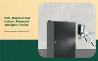 Lockable cabinet with adjustable shelves.