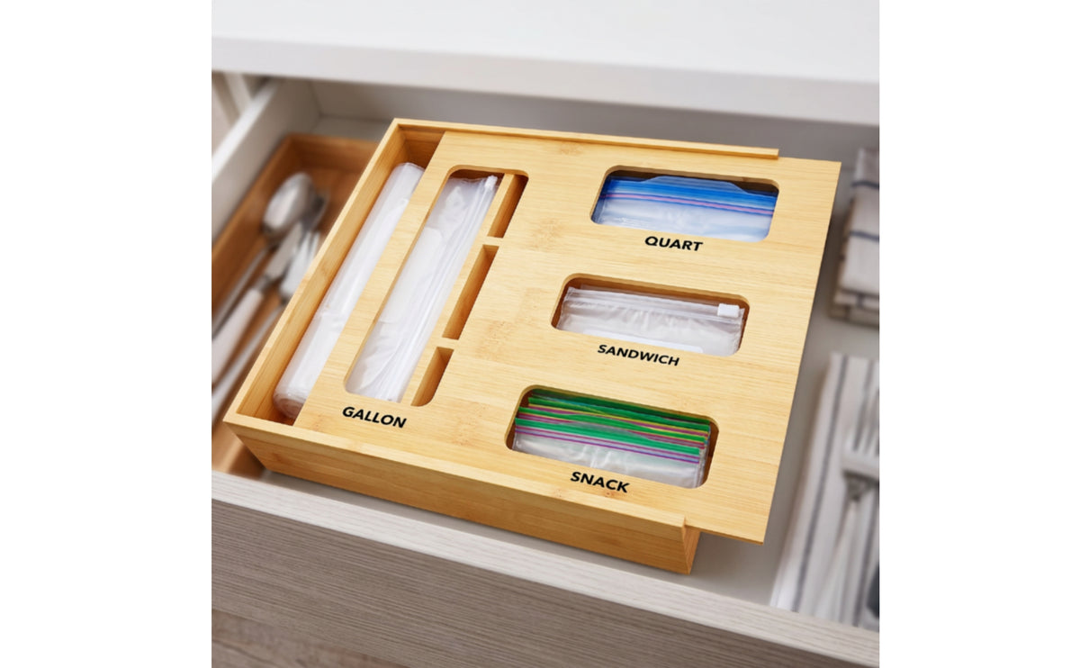 Wall-Mountable Food Storage Bag Organizer Labeled Bamboo Bag Storage Organizer Slim Eco-Friendly for Kitchen Drawer, Pantry, Cabinet