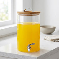 Beverage Dispenser with Wood Stand and Lid, Glass Juice Dispenser for Parties, Large Capacity Iced Tea and Lemonade Dispenser Kitchen Outdoor Use