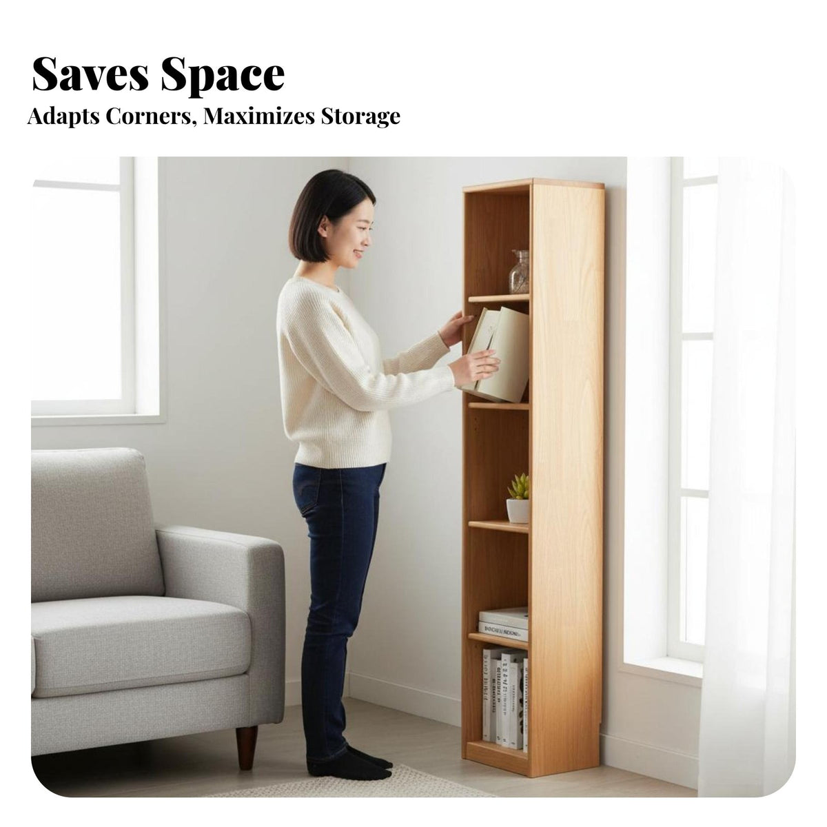 hardwood Wood Construction Tall Narrow Shelving Unit Space-Saving Design Tall Narrow Shelving Tower adaptable Placement shelving unit Minimalist aesthetic for Book Lovers, Collectors, Apartment Dwellers, Home Office, Bedroom, Small Spaces, Hallmethod