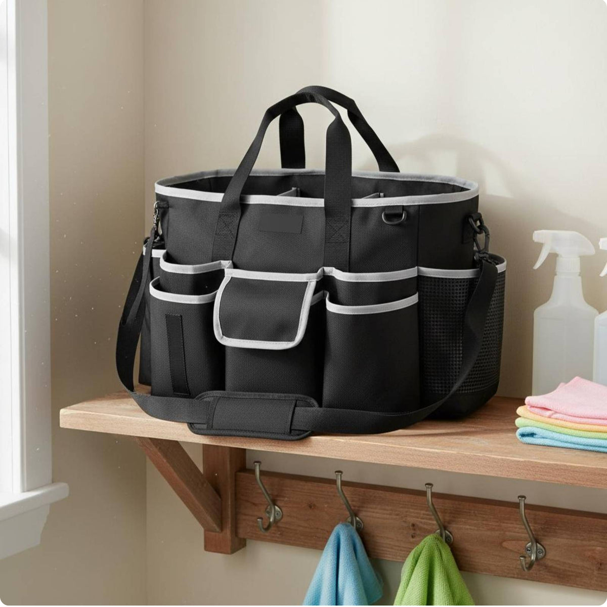 Cleaning Supply Organizer Bag with Handle Multi Pocket Cleaning Bag Multiple Compartments Household Storage for Janitors