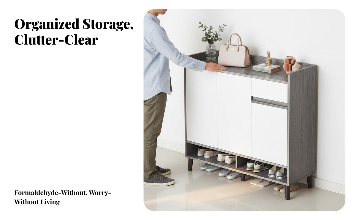 Solid Wood Panels Entryway Shoe Storage Cabinet Extra-Large Capacity Modern Shoe Cabinet with Doors Long-Lasting Construction Household Furniture for Homeowners, Families, Apartment Dwellers, Mudroom, Closet, Living Room, Bedroom