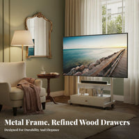 Mobile TV Stand with Cabinet Locking Brakes Rolling TV Cart with Drawer Adjustable Height Built-in Storage Suitable for Renters Small Areas Conference Room Exposition Show