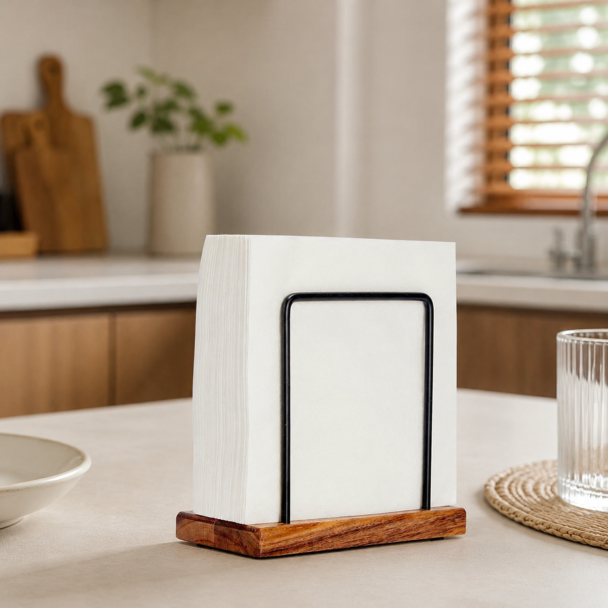 Square Napkin Holder, Wood & Metal Serviette Holder, Freestanding Upright for Kitchen Table, 15.3x7.4x13.5cm