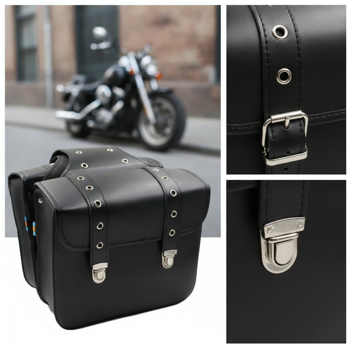 Rectangular Motorcycle Saddlebags with Flap Structured Saddlebag with Metal Buckles Retro Leather Saddlebags Secure for Motorcyclists, Commuters, Daily Commuting, Road Trips