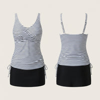 Tankini Swimsuit with Shorts for Women, Striped Backless Swimming Costume for Water Sports, Padded Sets with Skirted Bottom