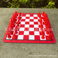 Red and White Checkered Chess Board 24cm with Pieces