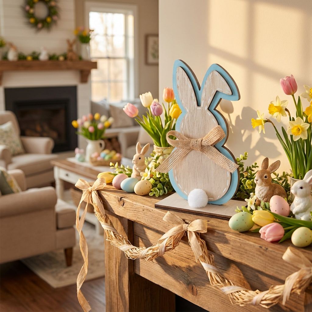 Wooden Easter Bunny Ornament Sturdy Wood Wooden Bunny Figurine Handmade Farmhouse Easter Decoration for Families, Tabletop Display, Tiered Tray, Home