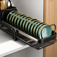 Black Carbon Steel Dish Drying Rack, Matte Pull-Out Dish Rack with Tray, Rust Resistant Dish Drainer for Limited Bench Space