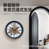 怀旧轻奢复古可旋转动态齿轮圆形挂钟家用墙面装饰钟表机械工艺品